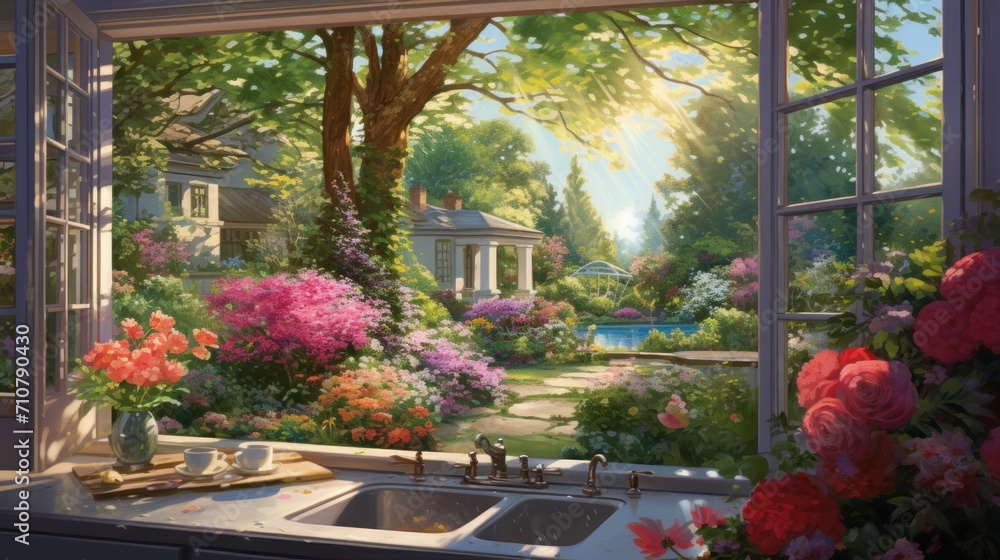 Poster a painting of a garden outside of a window with a sink and a window sill in front of it.