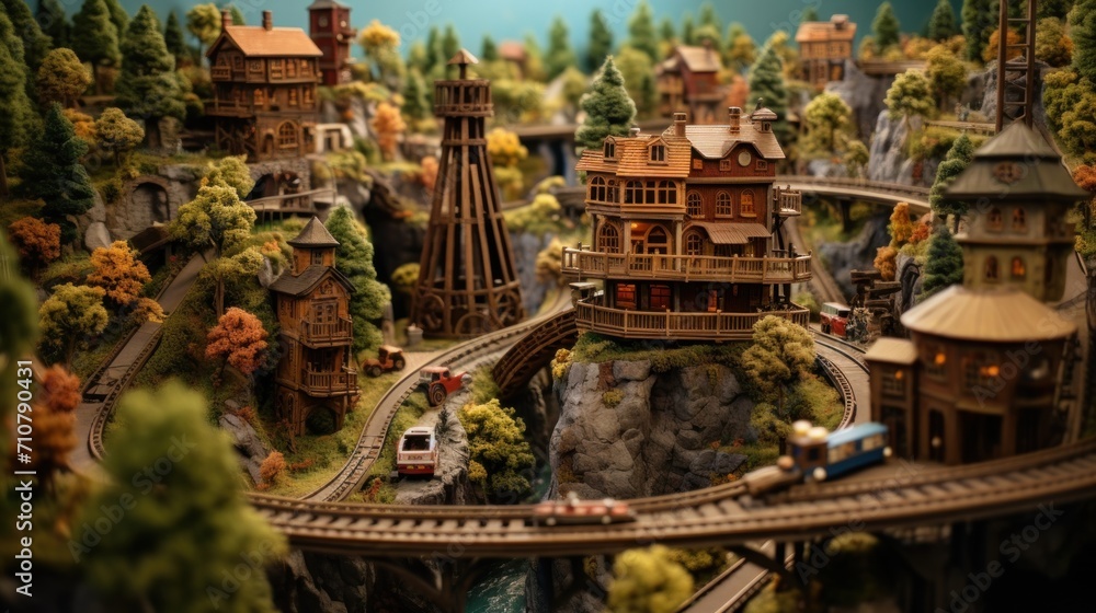 Poster a model of a town with a train on the tracks and a bridge on the other side of the model.