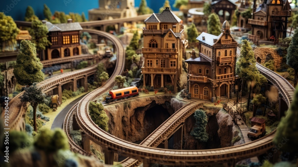 Poster a model of a train station with a train on the tracks and a building on the other side of the track.