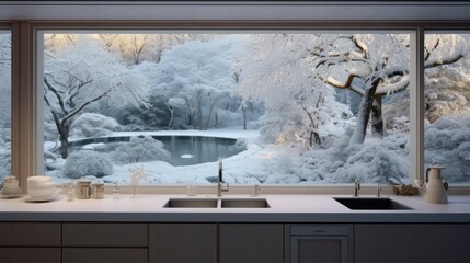  a kitchen window with a view of a pond in the middle of a snow covered forest and a pond in the middle of the window.