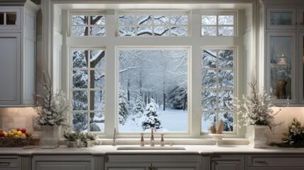  a kitchen filled with lots of counter top space and a large window covered in frosted trees and snow covered ground.