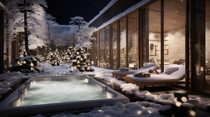  a hot tub sitting in the middle of a snow covered yard next to a snow covered forest and a couple of chaise lounge chairs. - obrazy, fototapety, plakaty