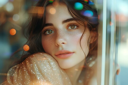 Attractive French Girl In A City Modern Cafe On Her First Date, Wearing Sequin Dress, Casual Smirk, Window Is Reflecting The Outside View. Generative AI