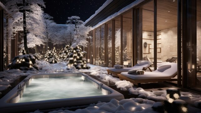  A Hot Tub Sitting In The Middle Of A Snow Covered Yard Next To A Snow Covered Forest And A Couple Of Chaise Lounge Chairs.