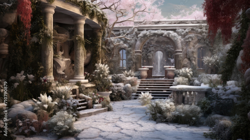 Poster a digital painting of a winter scene with a stone path and stone steps leading up to a stone buildin