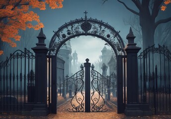 Gate with Halloween theme background scary ceme