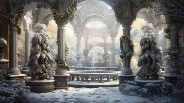  a digital painting of a winter scene with a fountain and snow - covered trees in the foreground and arches in the background.
