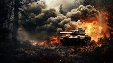 Tanks attack in a dark forest. Military conflict
