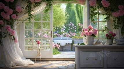  a painting of a room with flowers on the window sill and a table with a vase of flowers on it.
