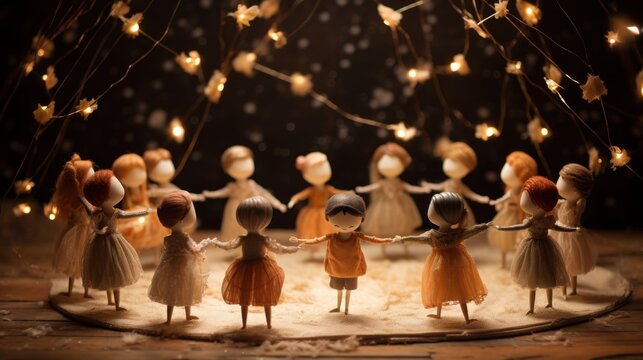  A Group Of Little Figurines Holding Hands In Front Of A String Of Lights And A String Of Stars.