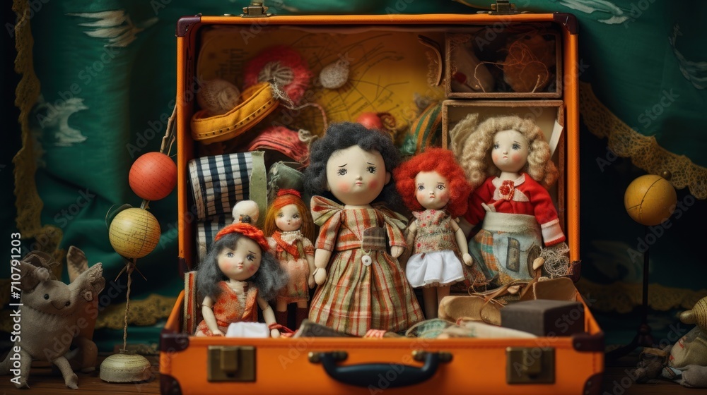 Poster a group of dolls sitting inside of a suitcase on top of a table next to a cat and a dog.