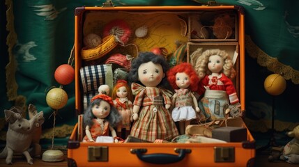  a group of dolls sitting inside of a suitcase on top of a table next to a cat and a dog.