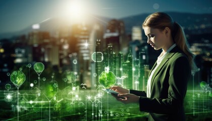 Human touching a advanced technology based on AI light with greenery city, eco-friendly city on a city background with hologram network light bulb screen icons for energy source renewable.