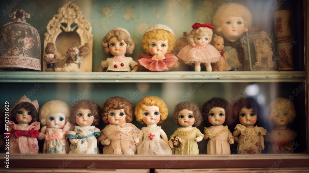 Poster a close up of a shelf with a bunch of dolls on top of it and a clock in the background.