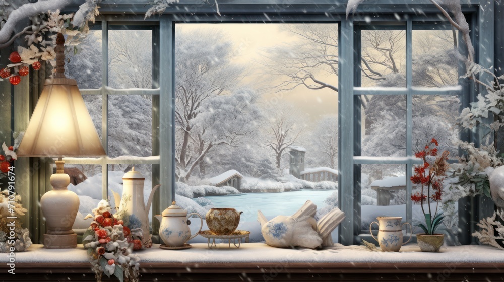 Poster a painting of a winter scene outside of a window with a lamp and vases on the window sill.