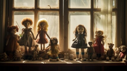  a group of dolls sitting on top of a window sill next to a bunch of teddy bears in front of a window.