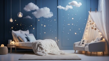  a bed room with a bed a chair and a night sky with stars and clouds on the wall and lights on the ceiling.
