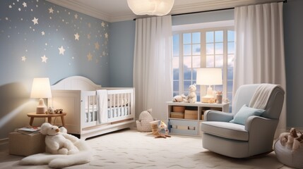  a baby's room with a crib, rocking chair and a crib with a teddy bear in it.