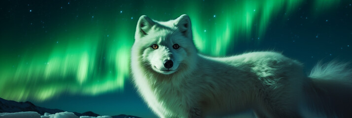 Obraz na płótnie Canvas Close-Up of Arctic fox with aurora light