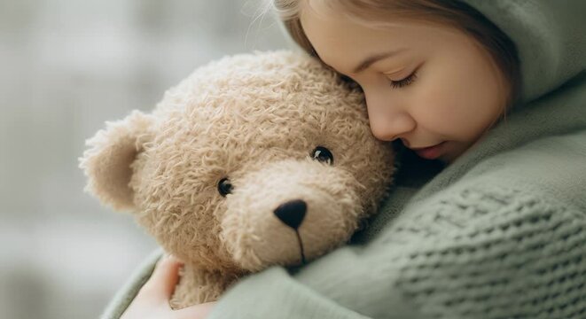 A young girl peacefully sleeps while embracing a teddy bear, evoking comfort and innocence.