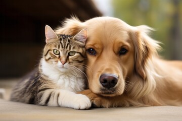 Cute cat and puppy dog labrador hugging showing clear animal love and friendship