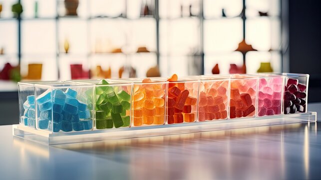 gummy candy for sale in a market, a composition in a minimalist modern style, focusing on the vibrant colors and textures of the gummy candies.