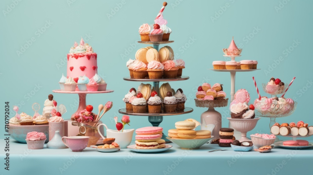 Aufkleber a table topped with cakes and cupcakes on top of a blue table covered in frosted cupcakes.