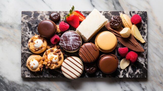  a platter of assorted chocolates and pastries on a marble counter top with raspberries and strawberries.