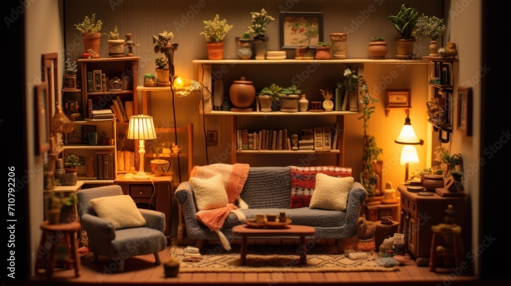 Poster a model of a living room with a couch and two chairs and a coffee table in front of a bookshelf.
