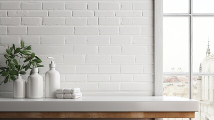 a bathroom table set against a white brick wall, a composition or scene in a minimalist modern style, emphasizing the clean lines and contemporary aesthetics of the bathroom space.