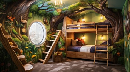  a child's bedroom with a tree mural on the wall and a bunk bed with a ladder leading up to it.