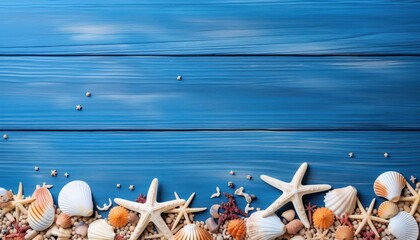 beach scene concept with sea shells on wooden background