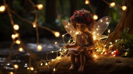  a fairy figurine sitting on a log with fairy lights around her and a stream of water in the background.