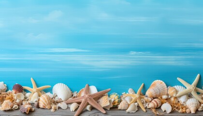 Seashells on a blue wooden background