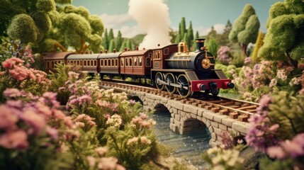  a train traveling over a bridge next to a lush green forest filled with pink and purple flowers on top of a lush green hillside.