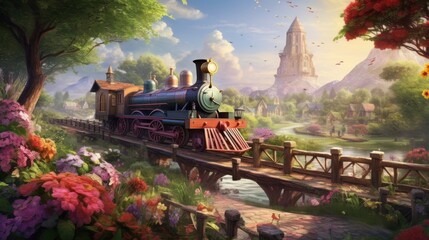  a painting of a train going over a bridge in the middle of a flowery area with a castle in the background.