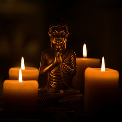 ein kleiner Buddha sitzt zwischen vier Kerzen