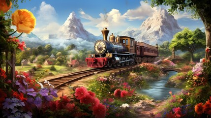  a painting of a train on a train track with mountains in the background and flowers on the side of the track.