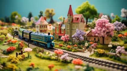  a train traveling through a lush green countryside next to a lush green forest filled with pink and purple flowers on top of a lush green hillside.