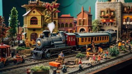  a model of a train set with people on the tracks and a train on the tracks with buildings in the background.