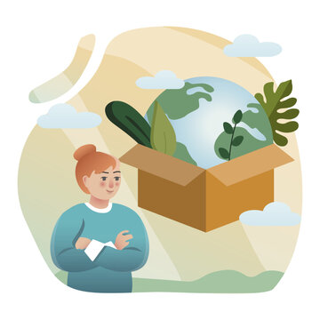 Green thinking illustration. Woman, earth, box, plants. Editable vector graphic design.