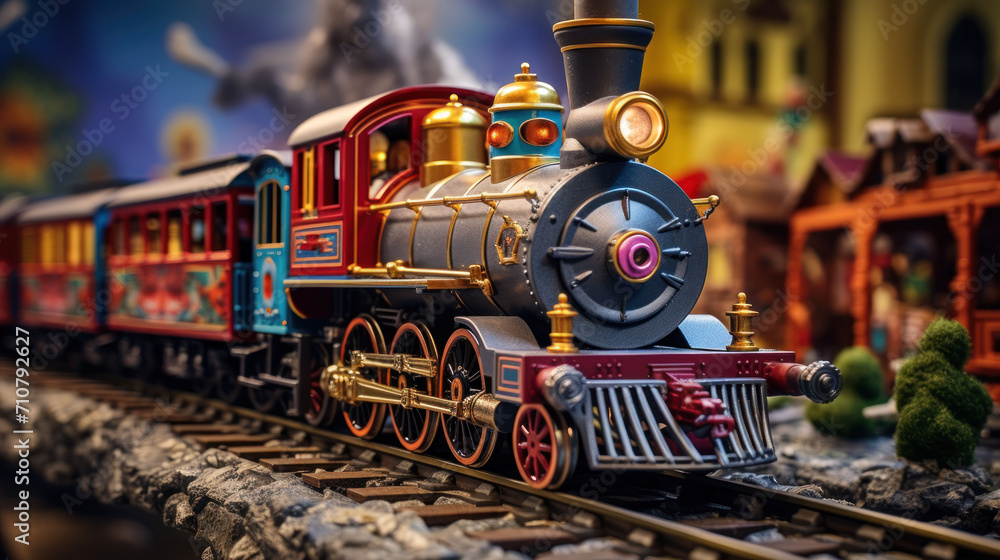 Poster a close up of a toy train on a train track with a building in the background and trees in the foregr