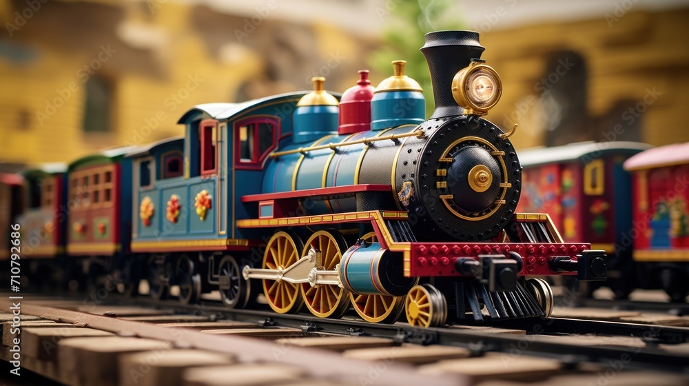 Poster a close up of a toy train on a train track with other toy train tracks in the foreground and a build