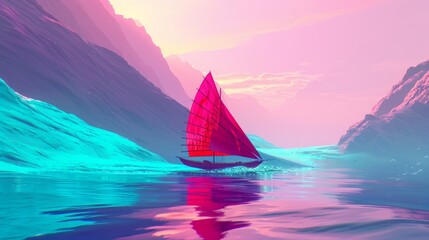 Synthwave, shot from the water,a chinese sail drifts over hills, sparkling water is crystal clear，minimalism，hyperrealistic, fluorescence, Dopamine color scheme - obrazy, fototapety, plakaty