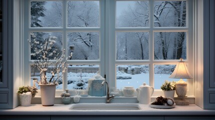 a kitchen sink sitting under a window next to a window sill with a view of a snow covered forest.