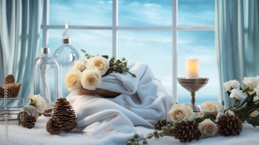 Poster a bed covered in a blanket next to a window with a candle and flowers on top of it next to a window 