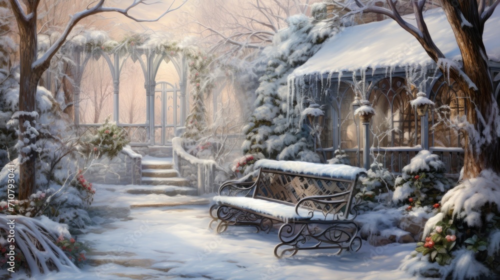 Poster a painting of a snowy winter scene with a bench in the foreground and a gazebo in the background.