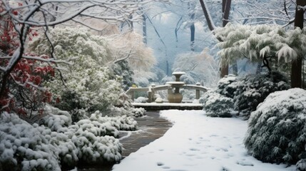  a snow covered park with a fountain in the middle of the park, surrounded by trees, shrubs, and snow.