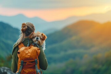 mountain view background and back side of tourist woman. she's traveling with dog. they are best friend. she's holding a dog at view point at mountain. morning light and bokeh - obrazy, fototapety, plakaty