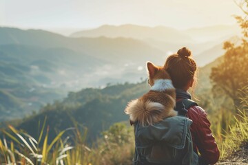 mountain view background and back side of tourist woman. she's traveling with dog. they are best friend. she's holding a dog at view point at mountain. morning light and bokeh